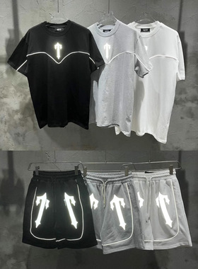 美潮Trapstar宝剑反光印花字母短袖T恤夏季运动休闲男女短裤套装