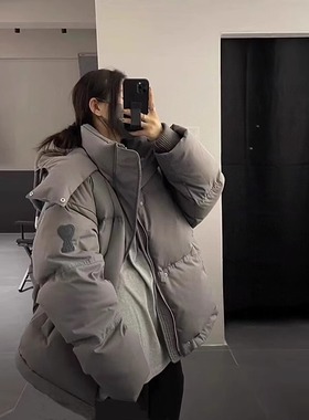 ami爱心羽绒服连帽外套灰色字母冬季外套男女情侣面包服加厚保暖