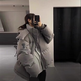 ami爱心羽绒服连帽外套灰色字母冬季 外套男女情侣面包服加厚保暖