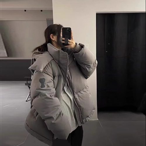 ami爱心羽绒服连帽外套灰色字母冬季外套男女情侣面包服加厚保暖