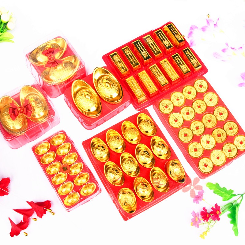 新年盒装小元宝铜钱片金条配件