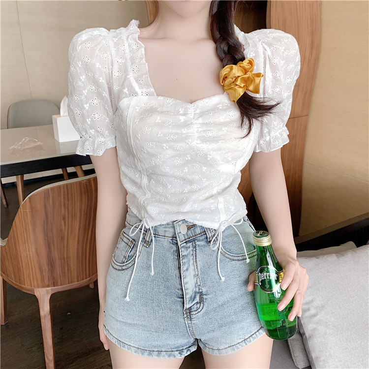 Real price bow tie bubble sleeve shirt women's Hong Kong style square collar tie ear edge jacket