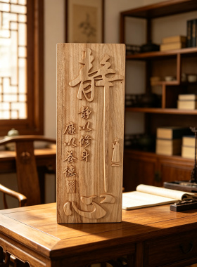 新中式禅意木雕牌匾 实木雕刻静字悟道挂件 书房茶室办公室墙面