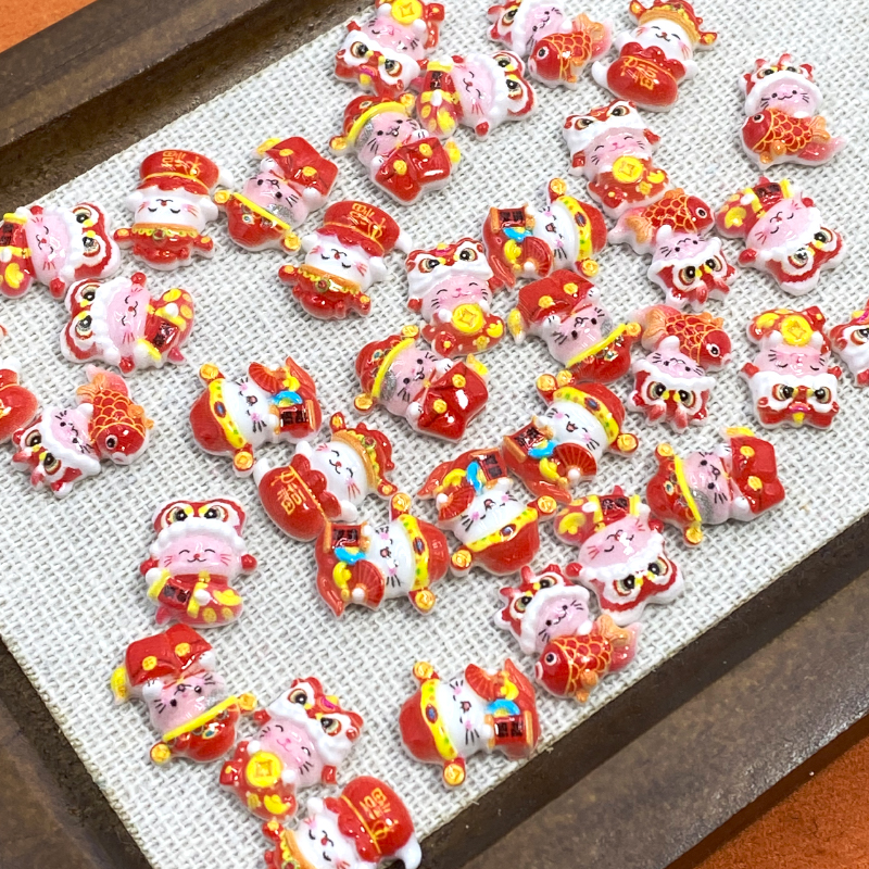 2026新款美甲饰品 新春醒狮立体树脂配件diy穿戴甲钻饰手工材料包