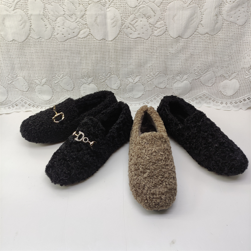 工厂断码处理网红平底毛毛鞋女舒适加绒羊羔卷毛豆豆平底一脚蹬