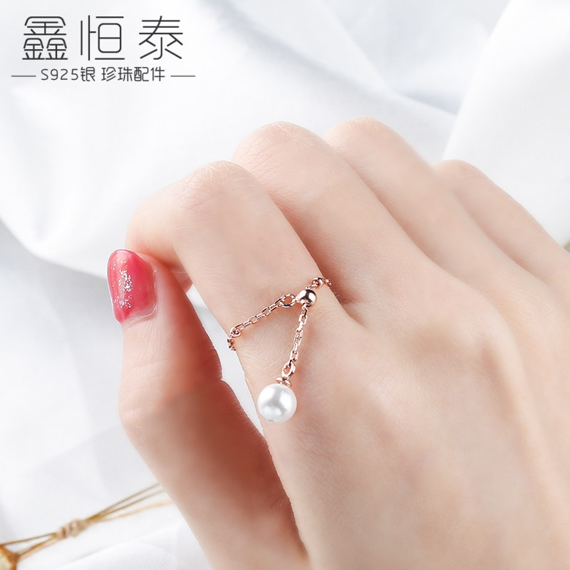 银戒日韩时尚流苏珍珠链条戒指
