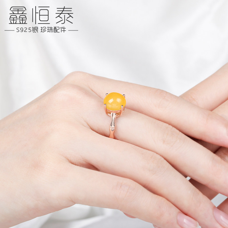 S925银戒托空托镀18K黄金玫瑰金蜜蜡戒指空托3*4*5*6*7*8*9*10mm_虎窝淘