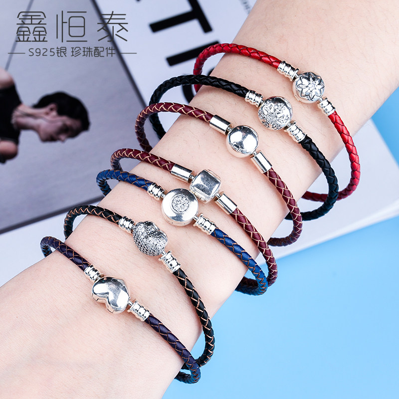 925银皮绳手链 3d硬金转运珠编织牛皮手绳 手工串珠情侣手串手链