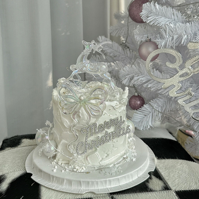 抱抱酱透明幻彩麋鹿圣诞节仙女生日蛋糕装饰插件蝴蝶结钻石插牌