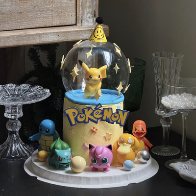 网红烘焙蛋糕装饰摆件皮卡丘蒜头蓝龟卡通水晶球玻璃罩生日插件