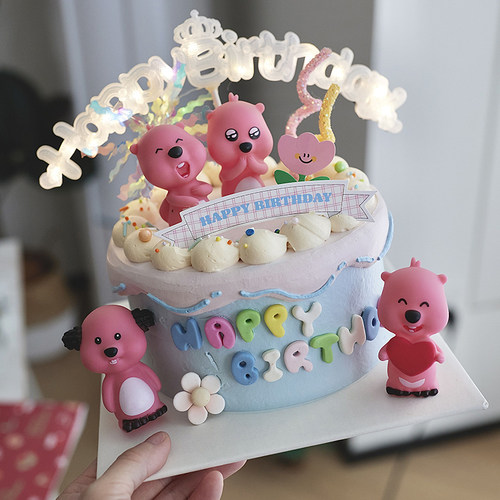 网红烘焙ins韩风蛋糕装饰摆件可爱粉海狸露比发光生日快乐灯插件