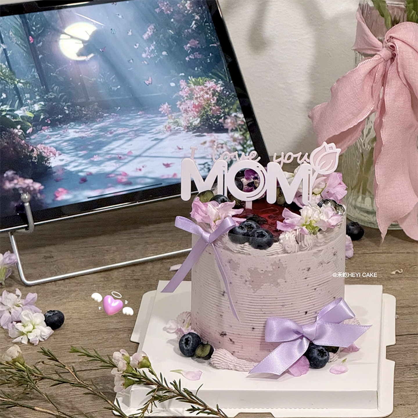 母亲节网红烘焙蛋糕装饰亚克力我爱妈妈郁金香MOM插件紫色丝带
