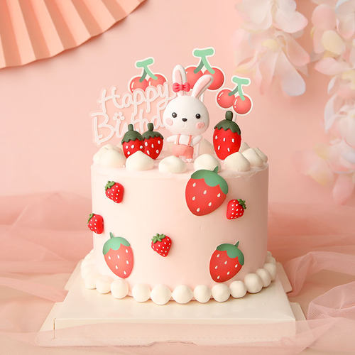 烘焙蛋糕装饰摆件卡通草莓樱桃小兔子可爱生日派对女孩粉色插件