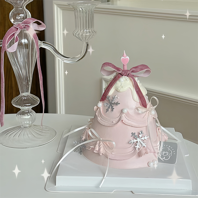 粉色新年跨年网红芭蕾风蛋糕装饰雪花丝带蝴蝶结仙女爱心蜡烛插件