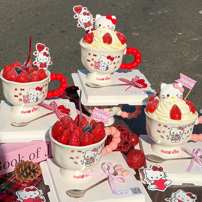 包邮网红kt草莓杯陶瓷圣诞草莓塔节日杯子蛋糕蝴蝶结装饰小猫摆件