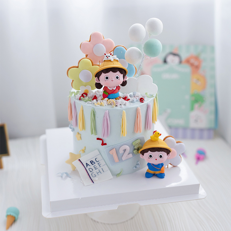 烘焙蛋糕装饰摆件网红软陶花朵卡通男孩女孩生日投影气球插件插卡