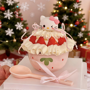 包邮圣诞节网红烘焙蛋糕装饰摆件陶瓷草莓碗KT小猫草莓塔节日生日
