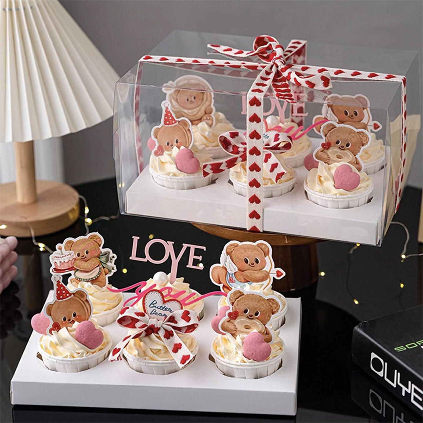 网红七夕情人节烘焙纸杯蛋糕装饰摆件黄油小熊天使loveyou插件