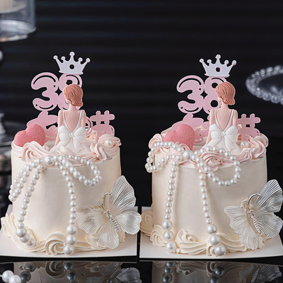 包邮3.8皇冠女神节网红蛋糕装饰摆件软胶背影女王白裙蝴蝶结插件