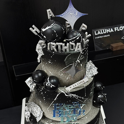 网红黑武士男士ins风烘焙蛋糕装饰亚克力星星黑银泡沫球生日插件