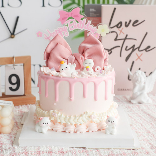 粉耳朵小猫咪蝴蝶结公主少女生日蛋糕装饰摆件Happy Birthday插卡