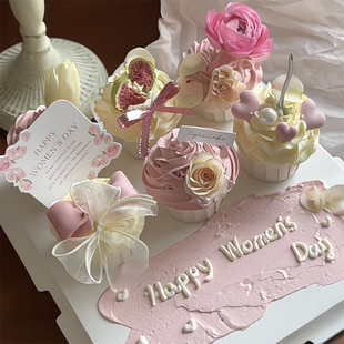 网红38女神节妇女纸杯蛋糕装饰插件爱心花朵卡片甜品丝带包装盒