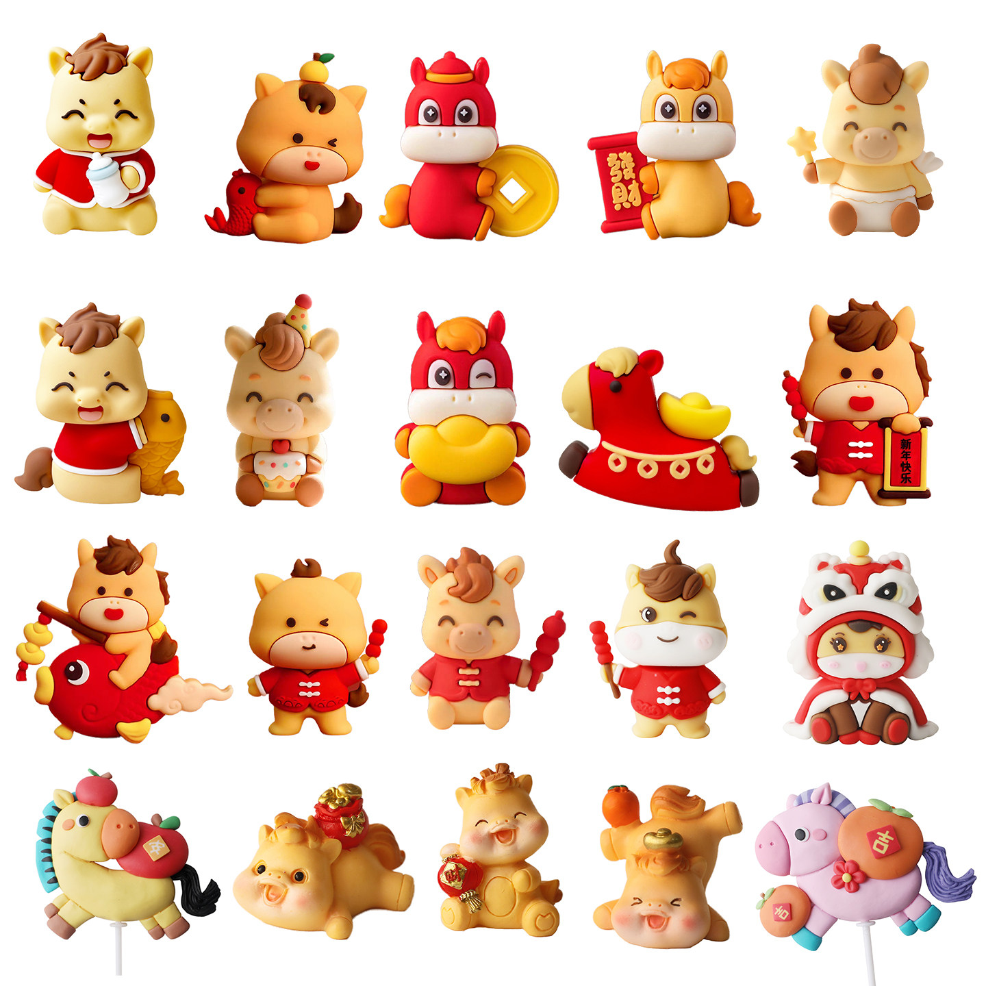 网红马年跨年烘焙蛋糕装饰摆件卡通舞狮小马软胶摆件新年快乐插件