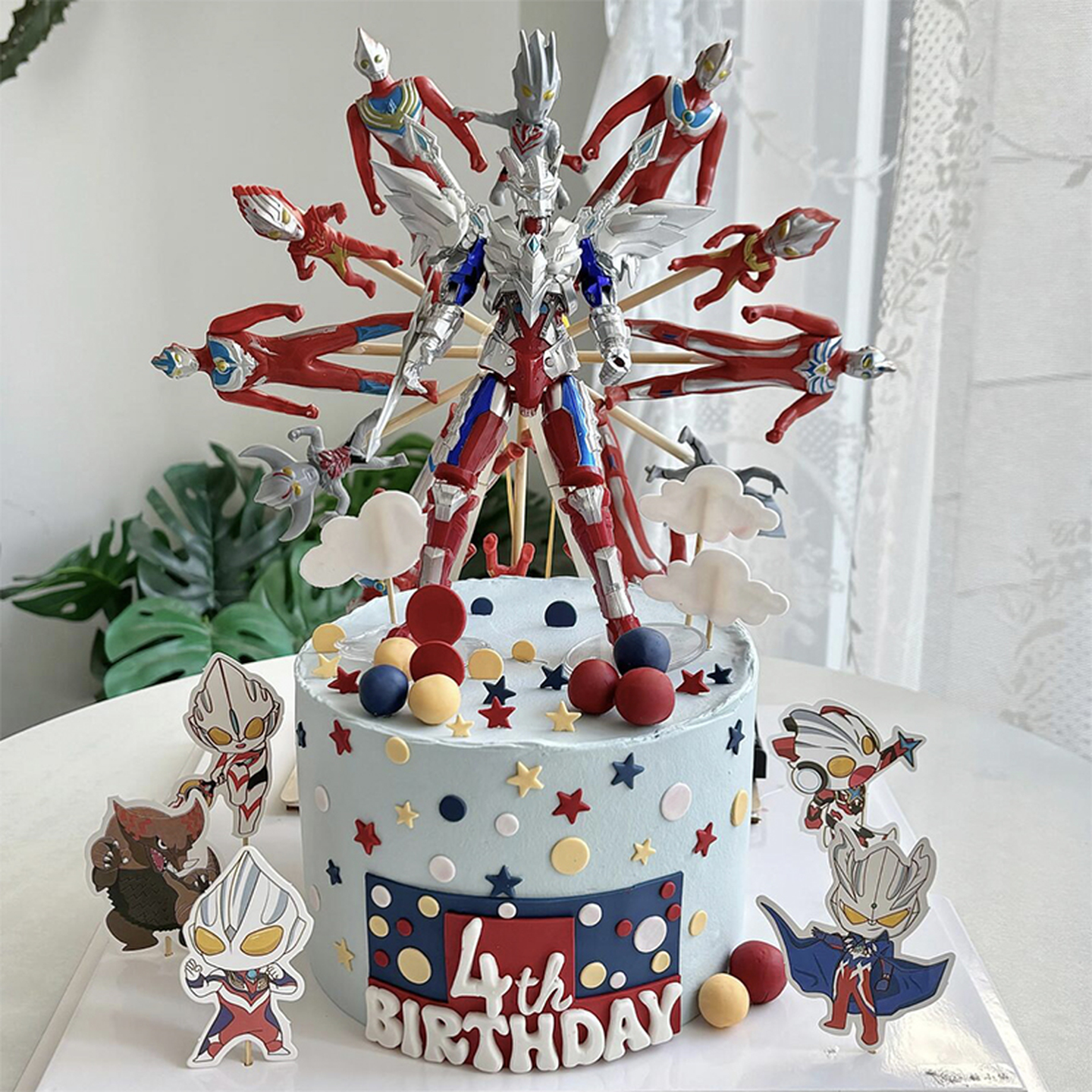 网红烘焙男孩蛋糕装饰摆件奥特超人英雄赛罗机甲旋转摩天轮插件
