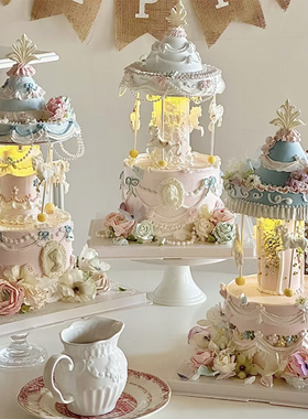 包邮早晨同款韩式复古烘焙婚礼悬浮自动旋转木马蛋糕底托双层包装