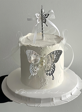 网红ins韩风烘焙蛋糕装饰摆件镭射珍珠丝带蝴蝶插件仙女生日蜡烛