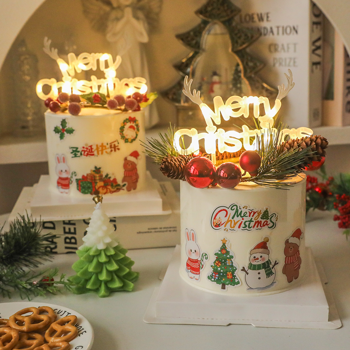 圣诞节烘焙蛋糕装饰草圈鹿角MerryChristmas发光灯甜品台插件装扮