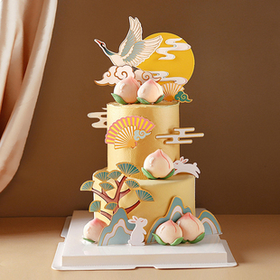 网红烘焙国风蛋糕装饰摆件中式祝寿生日仙鹤寿桃祥云松树圆月插件