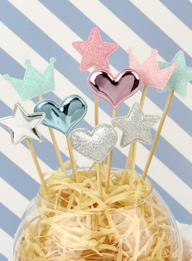 烘焙蛋糕装饰闪粉爱心星星皇冠蝴蝶结装饰插牌甜品桌装扮5只装