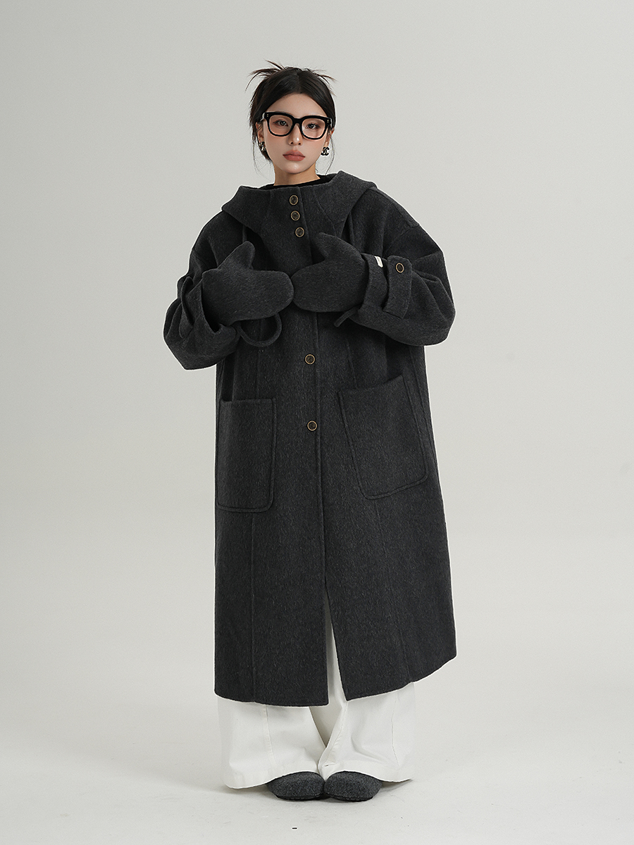 Srysame High-End Hooded Gloves Long Cape Coat Woolen Outwear Gray Double-Sided Woolen Winter Women's
