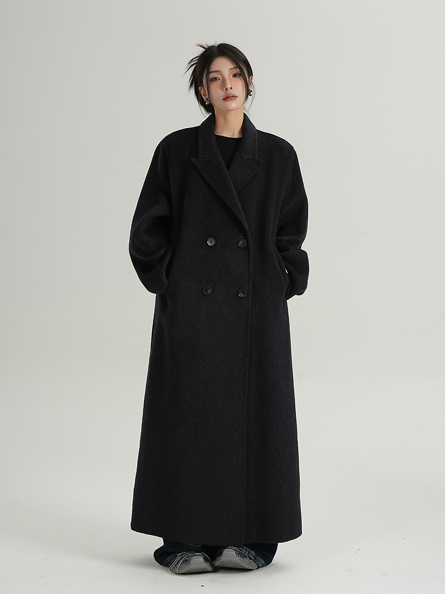 High-End Black Extra-Long Suit Collar Wool Outwear Woolen Outwear Double-Sided Woolen Outwear Winter Women