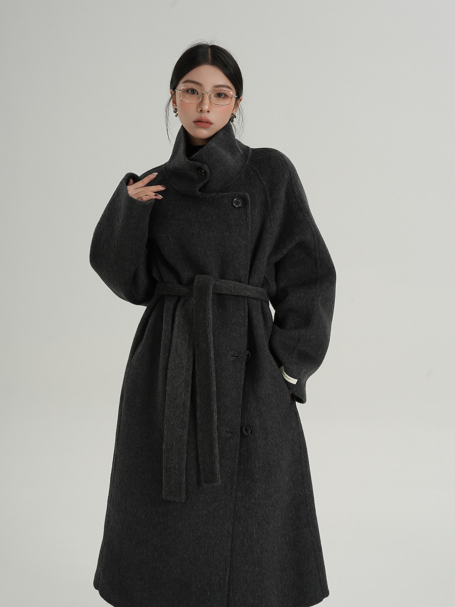 High-End Elegant Stand-Up Collar Gray Long Outwear Wool Double-Sided Woolen Outwear Winter New Style for Women