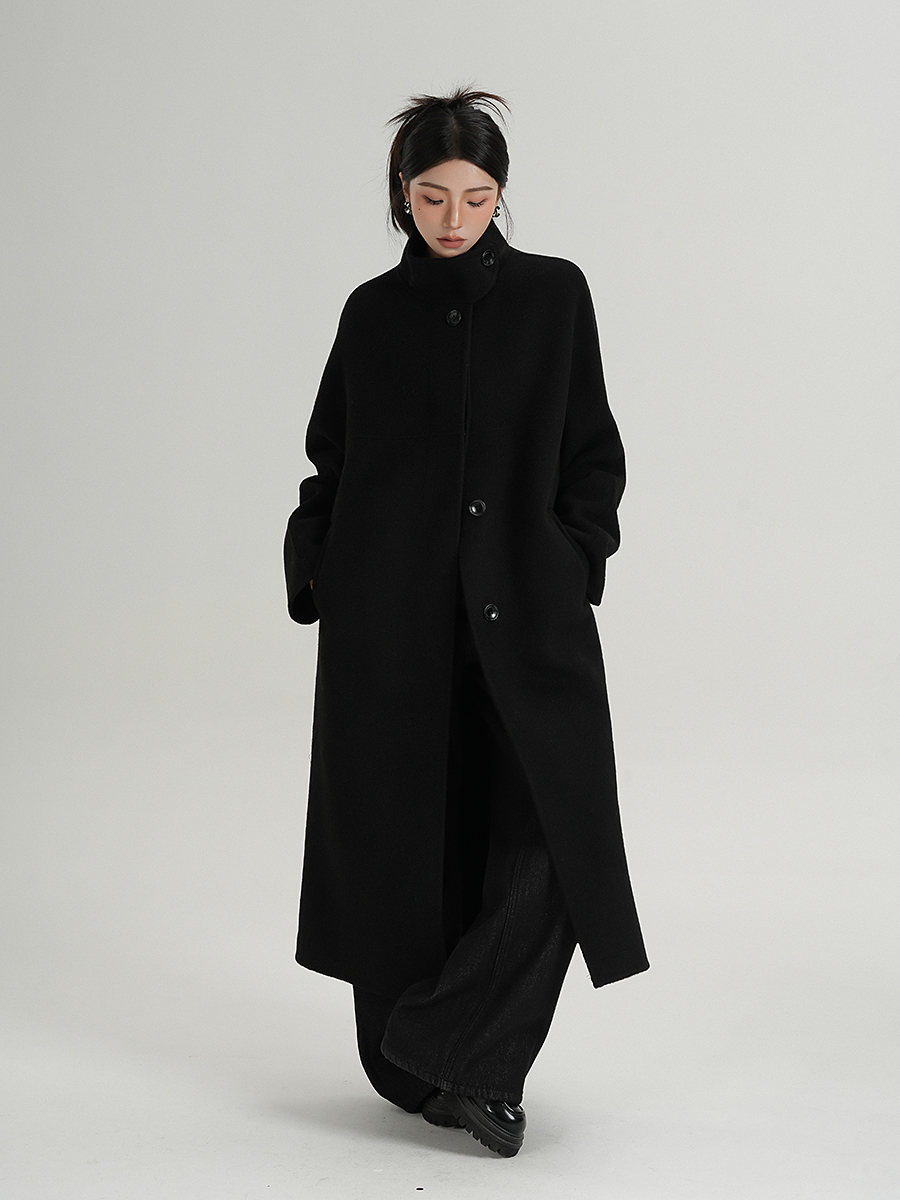 Elegant Stand-Up Collar Long Woolen Coat Double-Sided Woolen Fabric Gray Winter New Women's Clothing