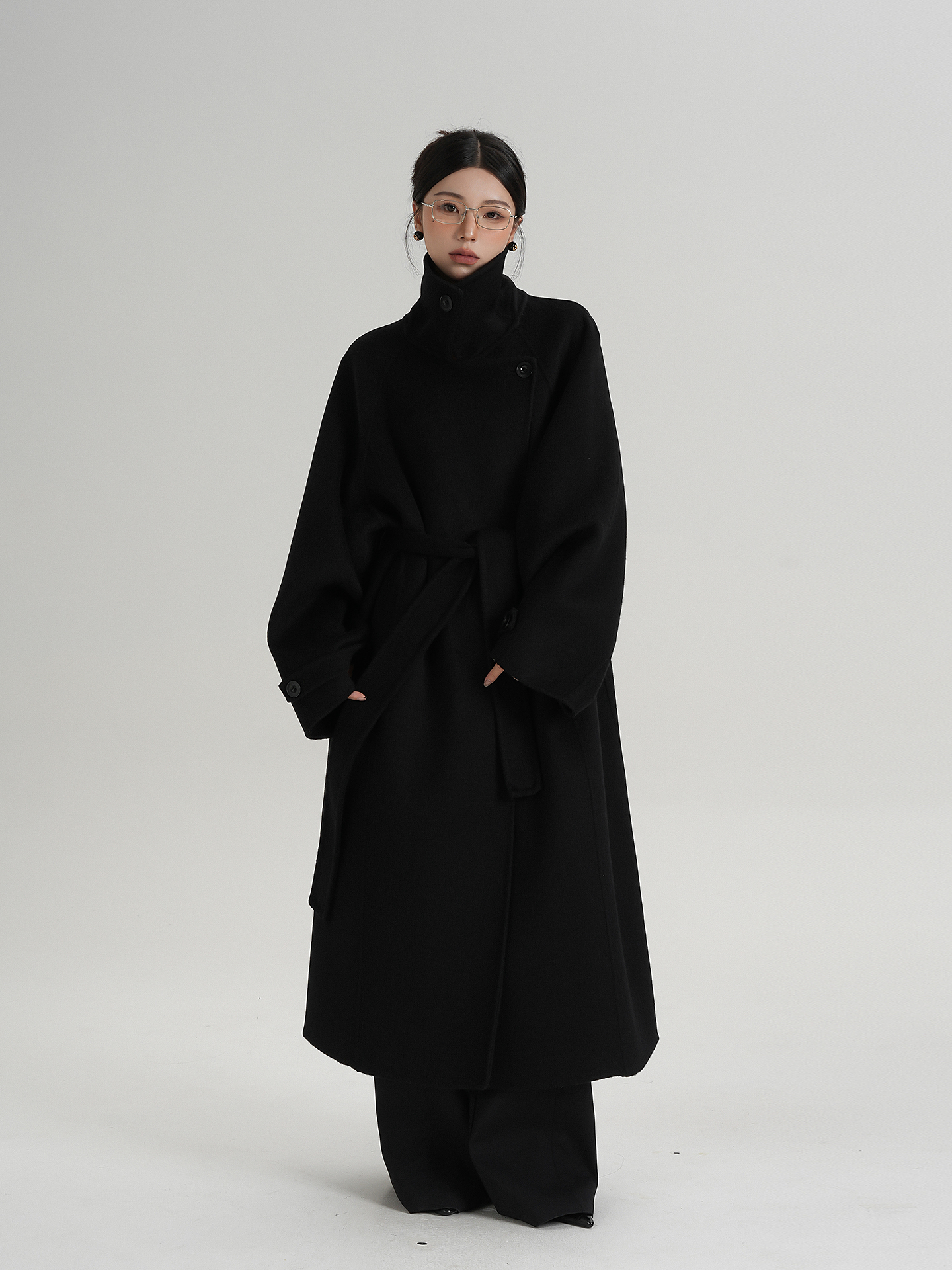 Elegant High-End Stand-Up Collar Long Loose Wool Coat Double-Sided Woolen Jacket Autumn and Winter New Style for Women