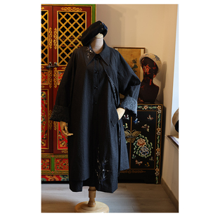 原创设计春秋复古手工刺绣小众长款简约廓形通勤风衣外套[飞花令]