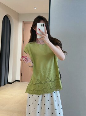 温柔氛围感 2026夏重工刺绣蕾丝拼接轻薄纯棉牛油果绿色小飞袖T恤