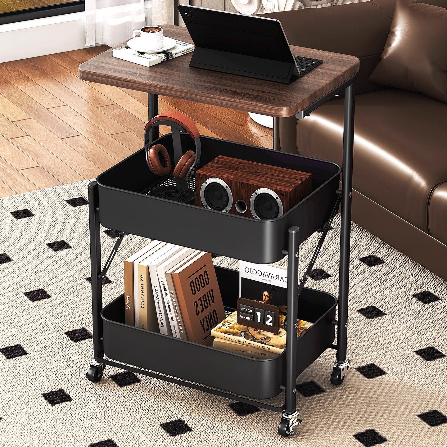 中古风折叠小推车免安装置物架床头柜客厅沙发边几茶几零食收纳架,住宅家具,移动边几/推车,淘宝优惠券,粉丝福利购,淘宝优惠卷