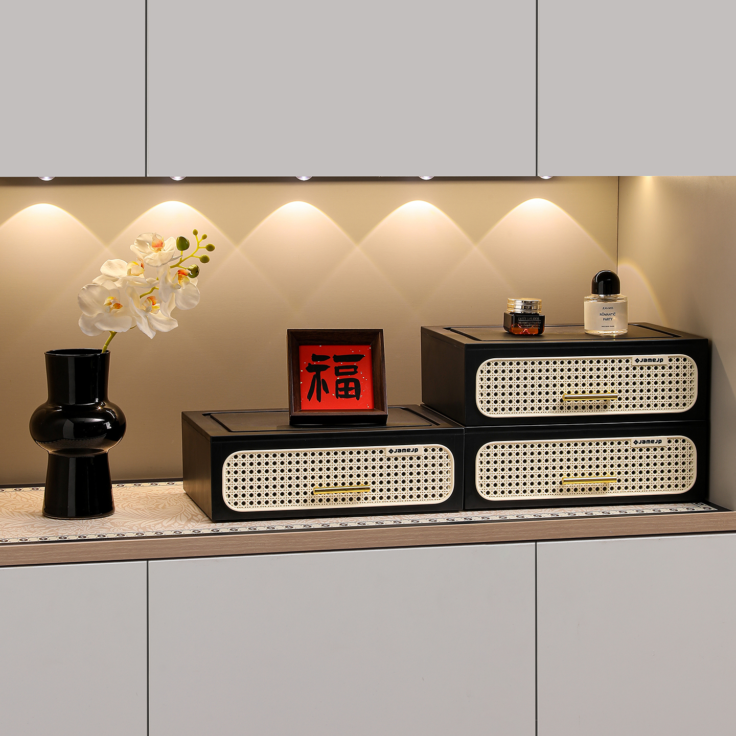 中古风入门玄关仿藤编抽屉收纳盒