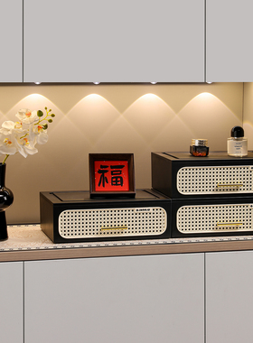 中古风入门玄关仿藤编抽屉收纳盒