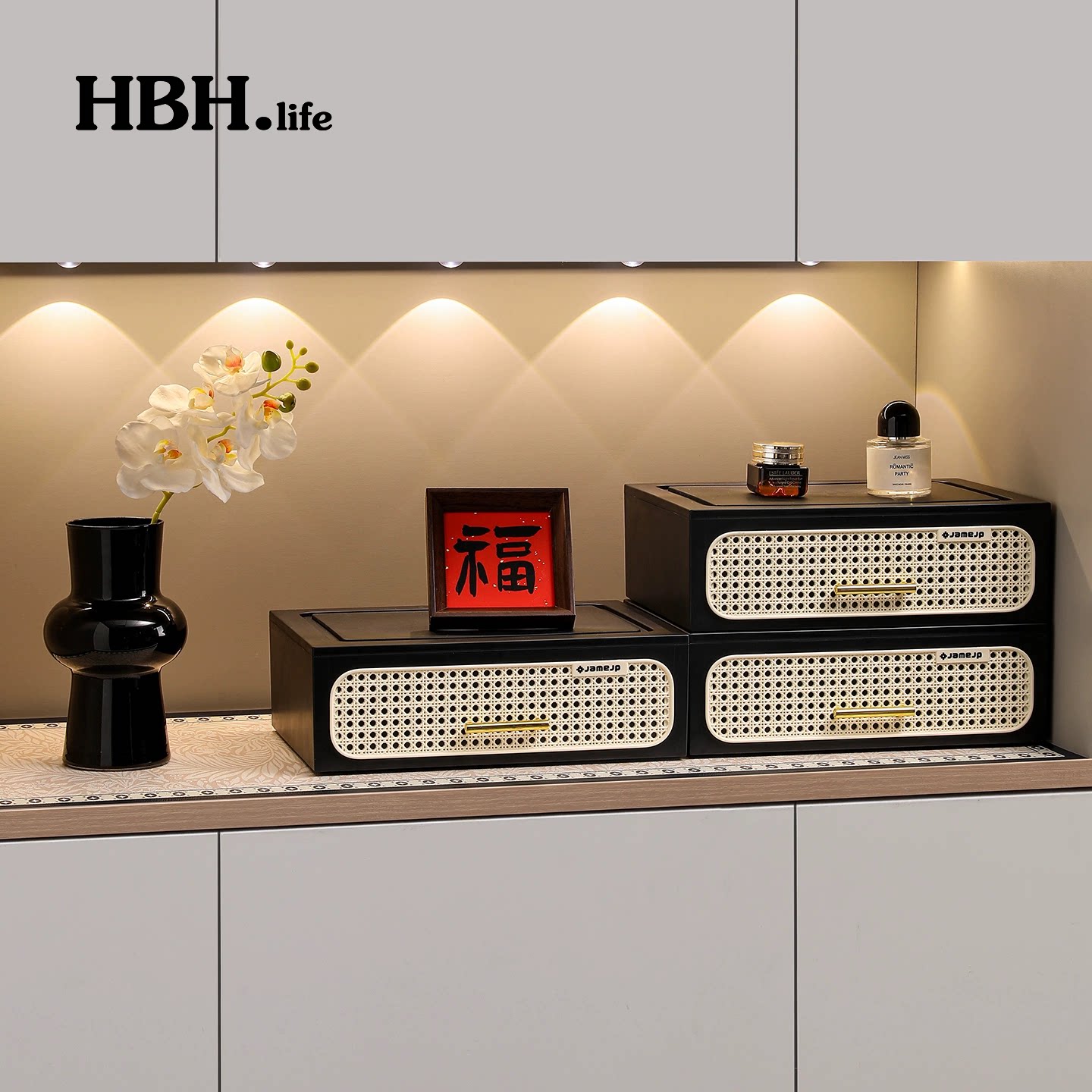 中古风入门玄关仿藤编抽屉收纳盒图片