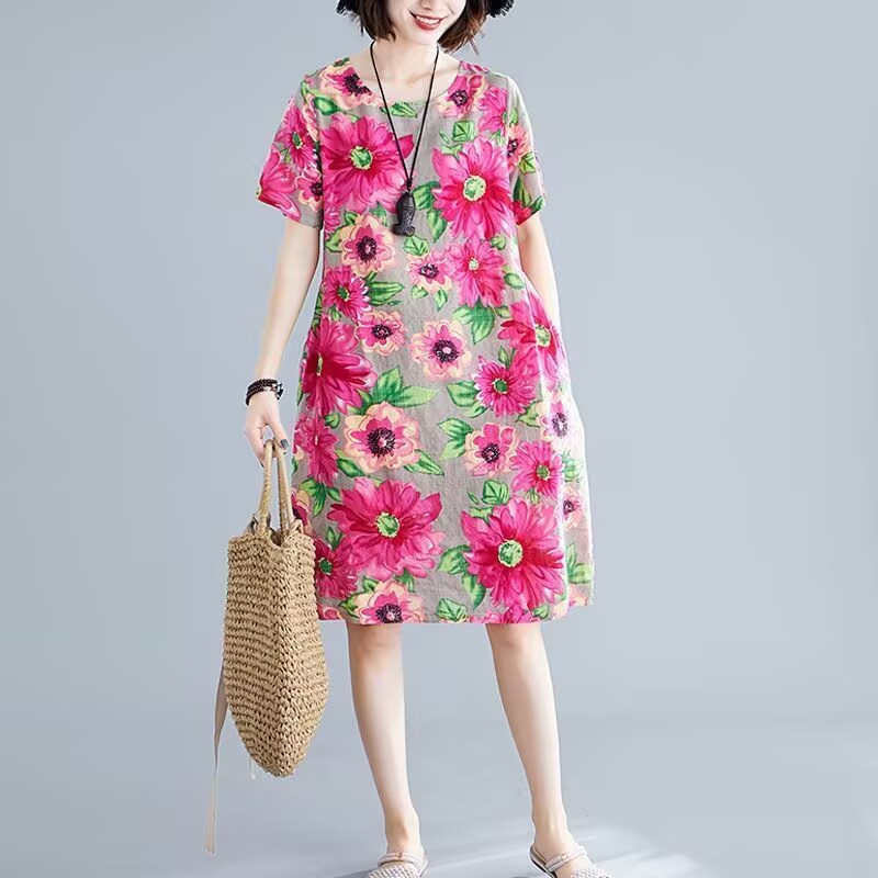 2025夏季新款棉麻印花大码睡裙女短袖中国风复古睡衣女士居家服