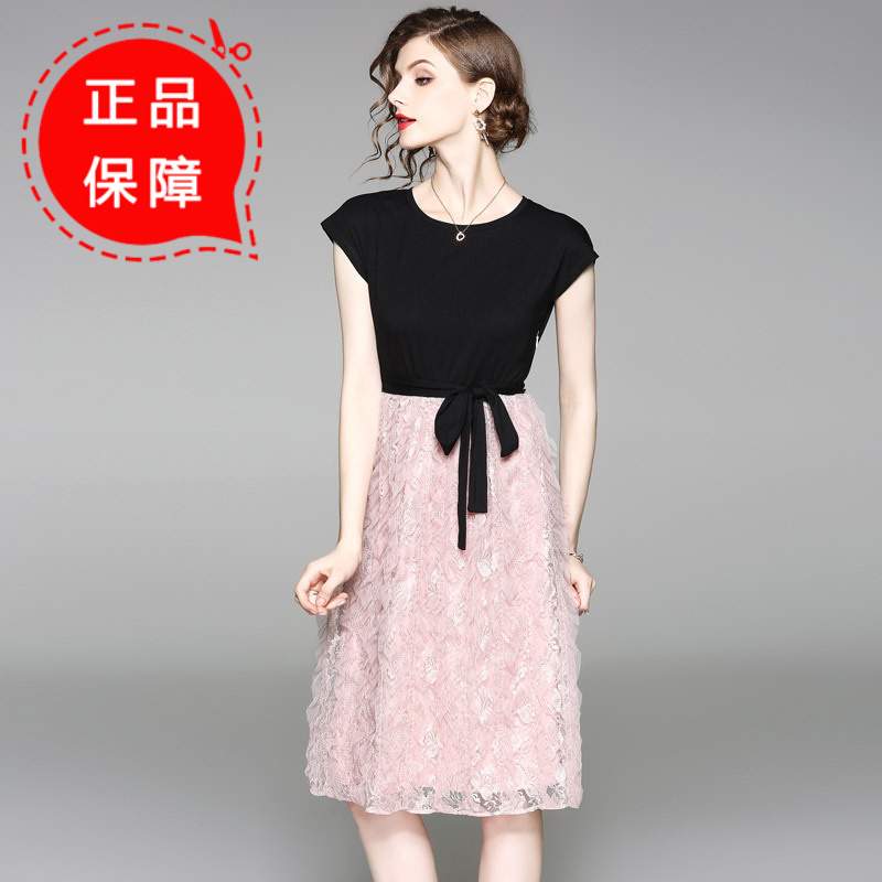 月光石女装新款时尚修身黑色粉色拼接假两件连衣裙AL8819