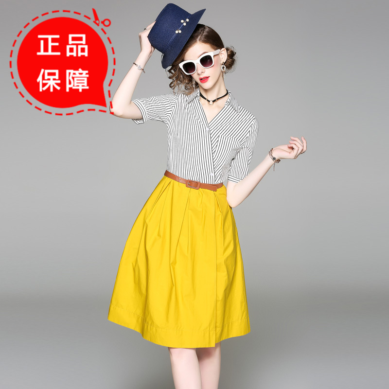 月光石女装新款时尚V领短袖收腰条纹拼接A字连衣裙AL8822