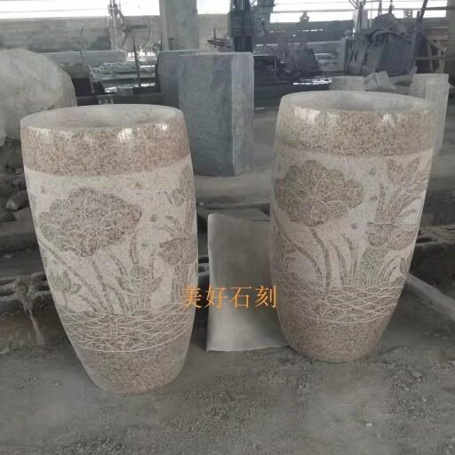天然花岗岩打磨一体石头盆室内外立体式圆洗手盆花园庭院摆设石盆