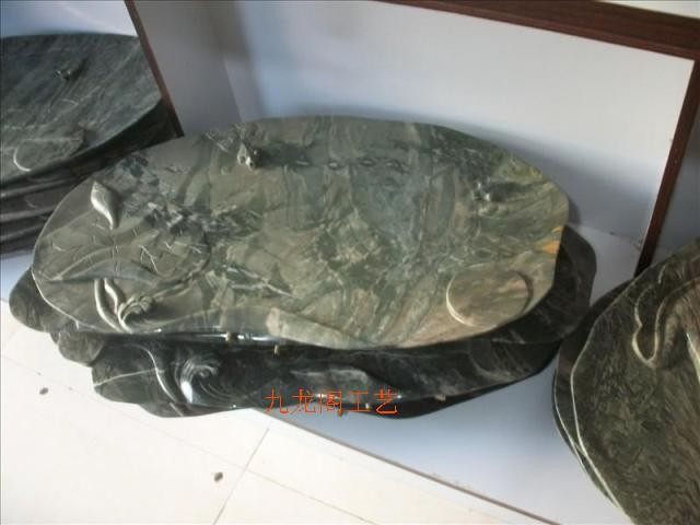 天然华安玉茶盘 九龙壁石茶盘 荷花鱼雕刻茶盘 惠安石雕艺术茶盘