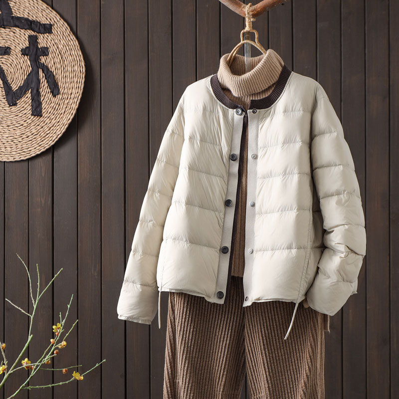 羽绒服女短款2025冬季新款韩版针织圆领90白鸭绒宽松休闲加厚外套